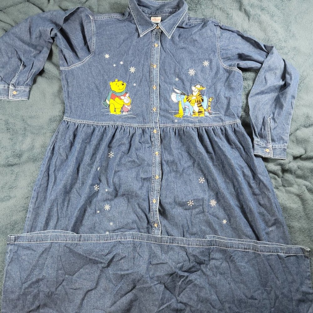 Vintage Disney Denim Dress Womens 3X Blue Winnie The Pooh Snow Christmas Cute